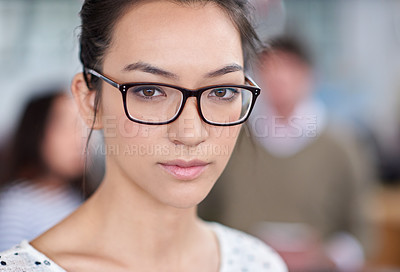 Buy stock photo Portrait, confidence and woman in office for meeting, internship or professional career. Graduate, editor and female person with employee for publication, artistic job or creative at magazine agency