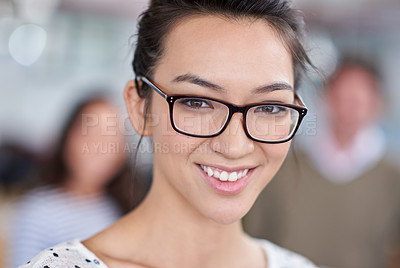 Buy stock photo Closeup portrait of smiling young woman wearing spectacles