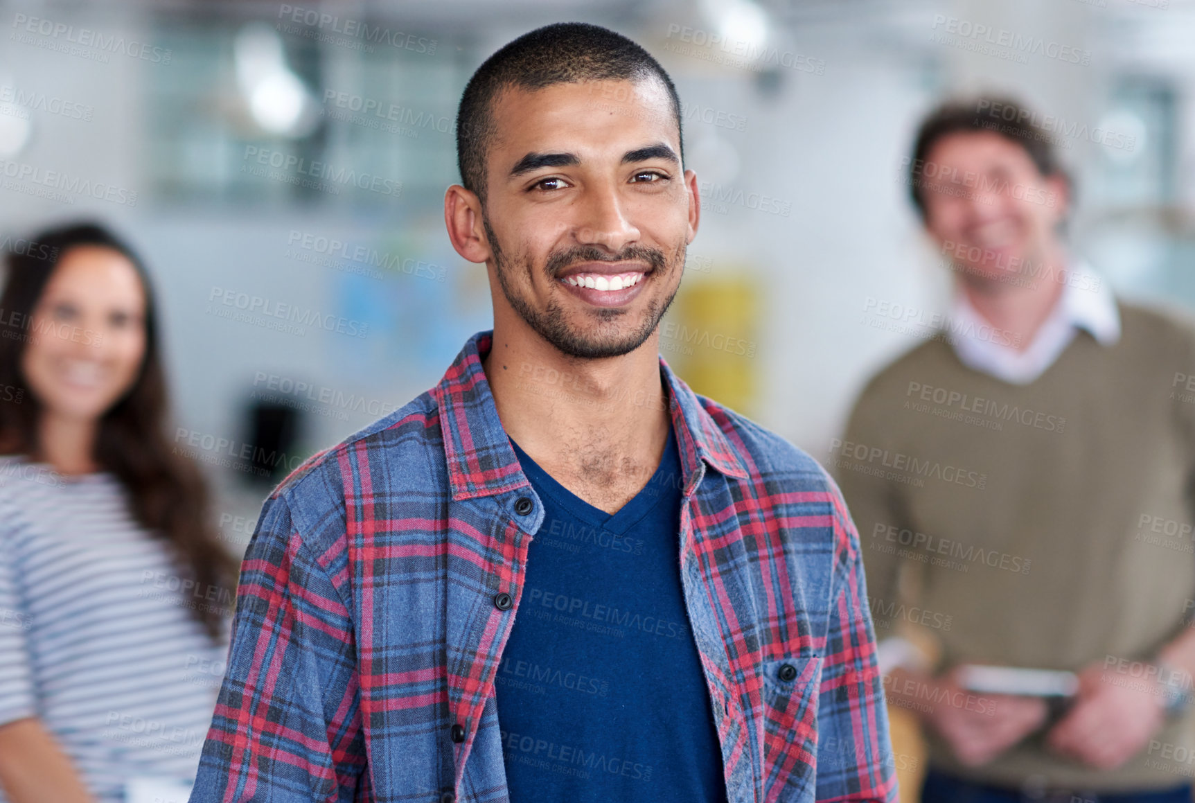 Buy stock photo Man, employee and happy in office on portrait for career or job growth and opportunity graphic designer. Employees, people and smile or confident with teamwork and collaboration in digital agency