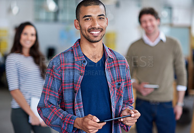 Buy stock photo Man, tablet and happy in office on portrait for career or job growth and opportunity graphic designer. Employees, people and smile or confident with teamwork and collaboration in digital agency