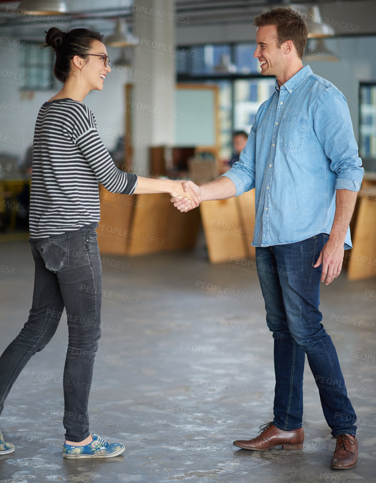 Buy stock photo Business man, woman and handshake at startup with welcome for collaboration, b2b deal or agreement. People, partnership and shaking hands with smile, kindness and respect at creative media agency