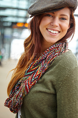 Buy stock photo Woman, portrait and railway for travel at train station with smile, subway and transport of morning journey. Happy, girl and relax on platform for waiting, commute and metro delay with departure trip