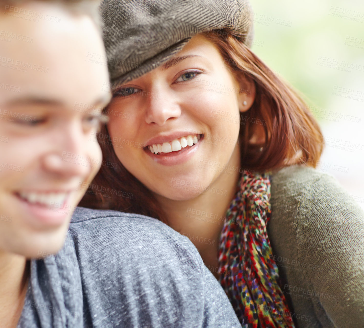 Buy stock photo Care, smile and portrait with couple in outdoor for holiday, explore and journey together. Bonding, happiness and calm with man and woman relax in nature for support, adventure and vacation date