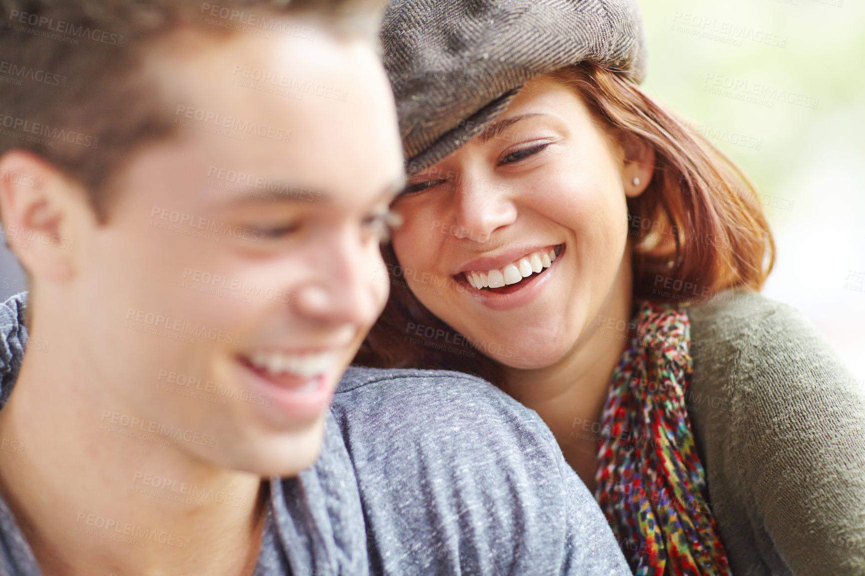 Buy stock photo Care, smile and laughing with couple in outdoor for holiday, explore and journey together. Bonding, happiness and calm with man and woman relax in nature for support, adventure and vacation date