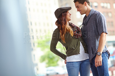 Buy stock photo Travel, outdoor and love with couple at bus station. for holiday, explore and journey together. Metro, public transportation and transit with man and woman at subway for support, adventure and date