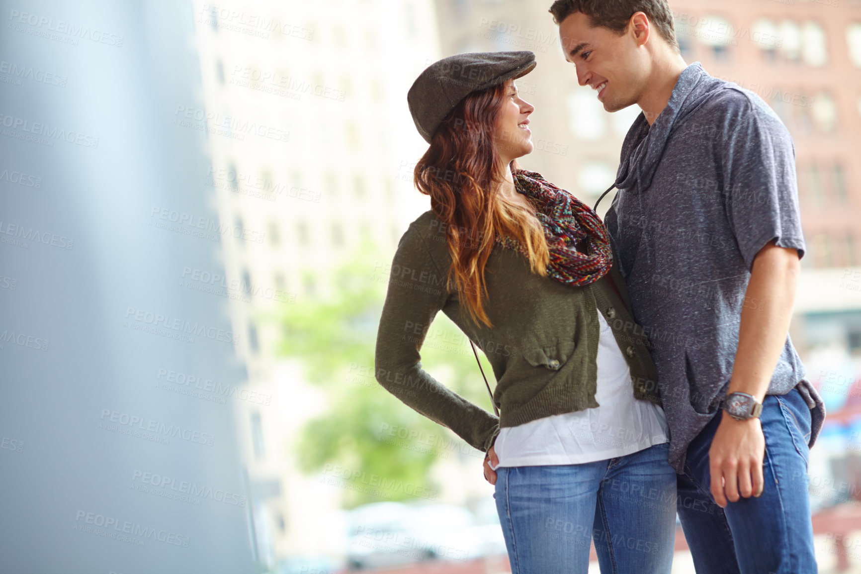 Buy stock photo Travel, outdoor and love with couple at bus station. for holiday, explore and journey together. Metro, public transportation and transit with man and woman at subway for support, adventure and date