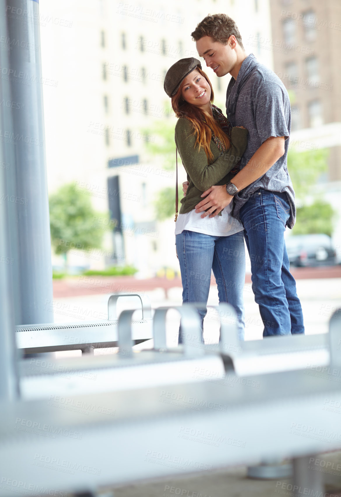 Buy stock photo Travel, happy and love with couple at bus station for holiday, explore and journey together. Metro, public transportation and transit with man and woman at subway for support, adventure and date