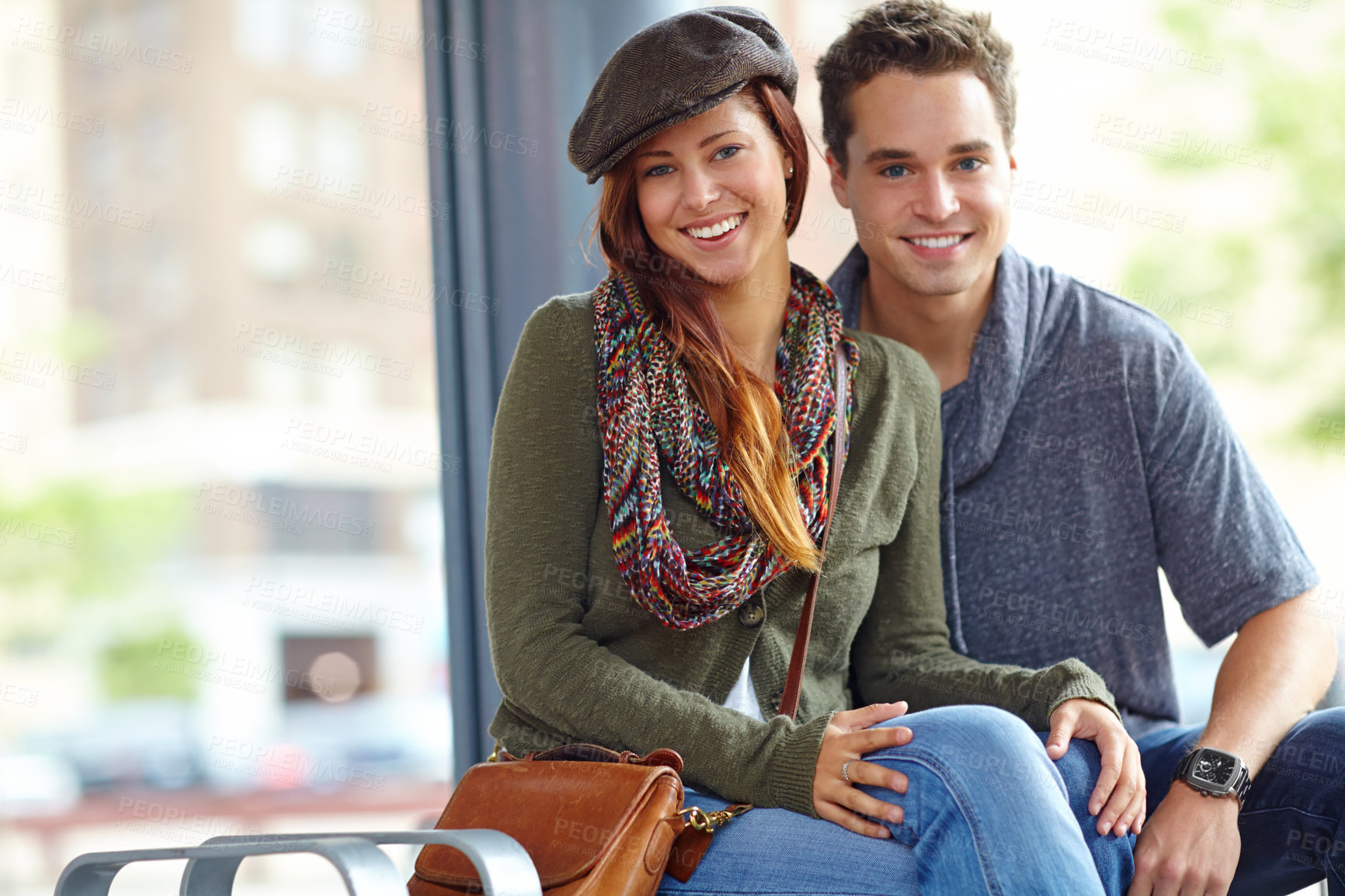 Buy stock photo Travel, happy and portrait with couple at bus station. for holiday, explore and journey together. Metro, public transportation and transit with man and woman at subway for support, adventure and date