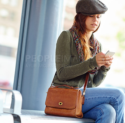 Buy stock photo Train station, check and woman with smartphone for waiting, patience and delay of public transport. Railway, female person and traveler with mobile for schedule trip, travel details or online booking