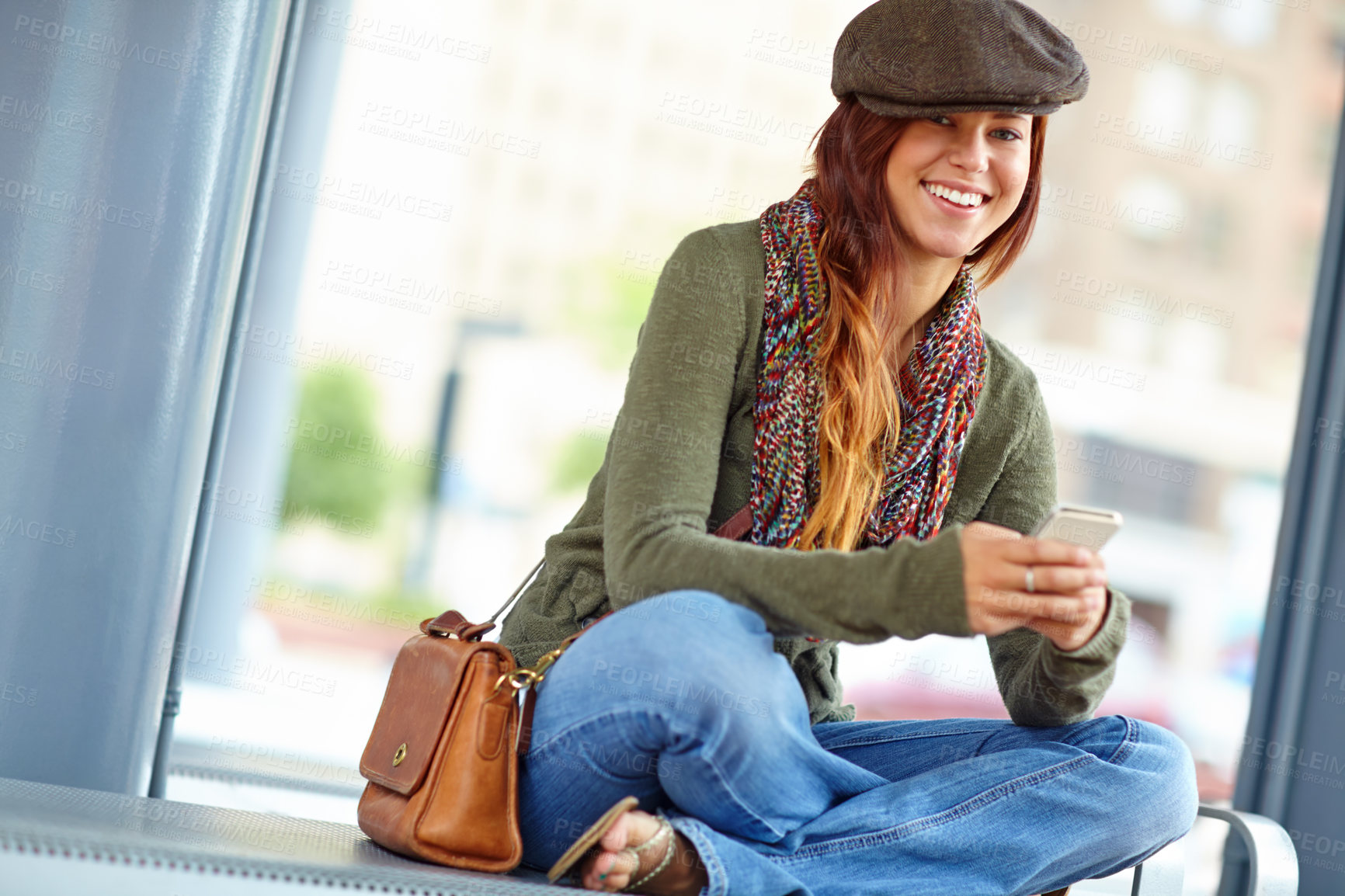 Buy stock photo Train station, portrait and woman with mobile for waiting, patience and delay of public transport. Railway, female person and traveler with smartphone for online chat, social media and travel details