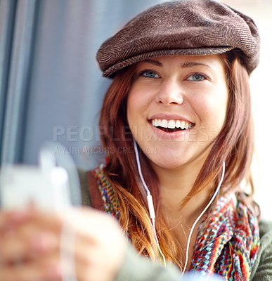 Buy stock photo Smile, train and woman with smartphone, listening to music and commute with connection, relax and mobile user. Person, traveller and girl with cellphone, sound and audio with podcast, break or Europe