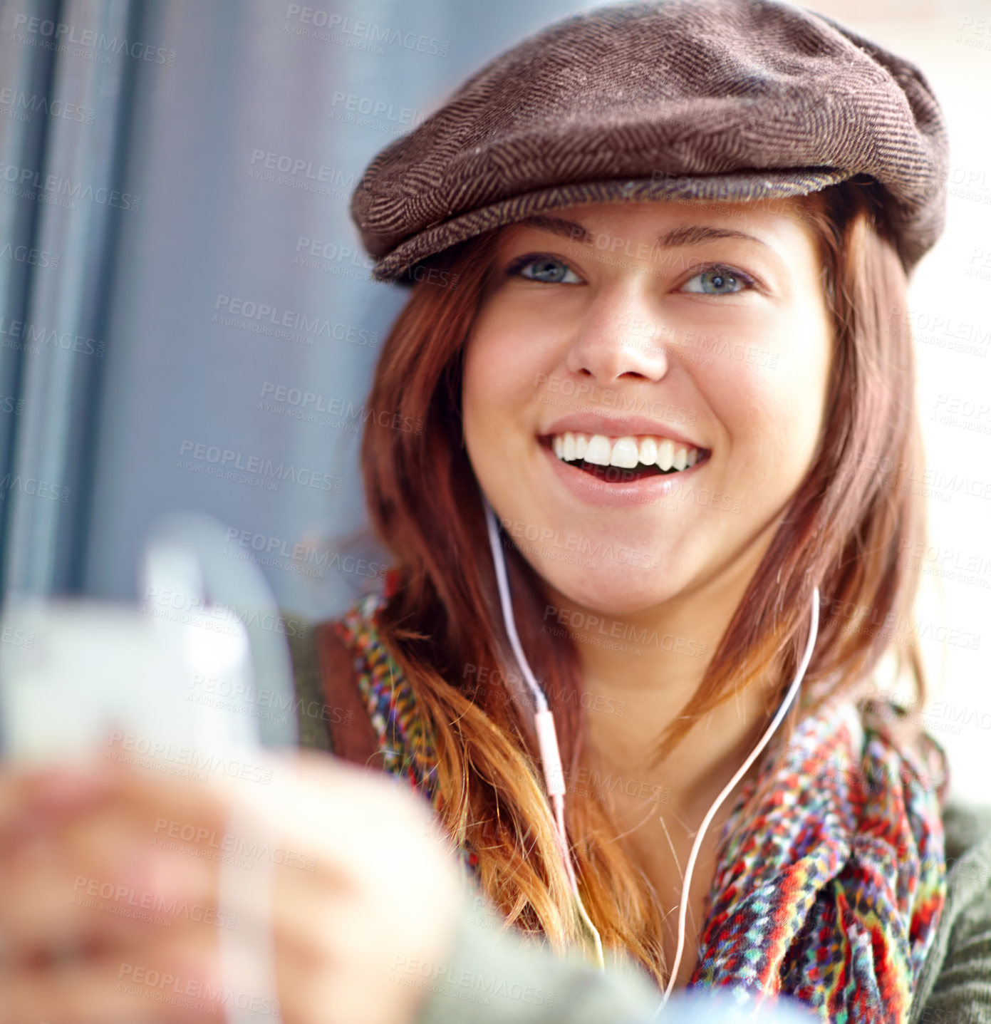 Buy stock photo Smile, train and woman with smartphone, listening to music and commute with connection, relax and mobile user. Person, traveller and girl with cellphone, sound and audio with podcast, break or Europe