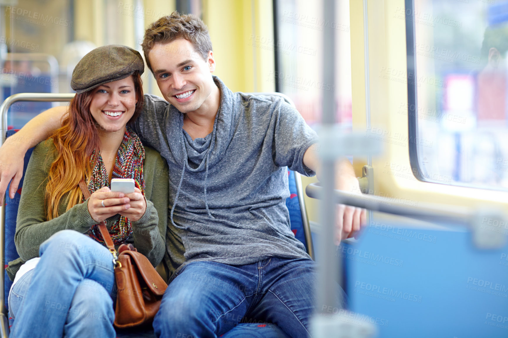 Buy stock photo Couple, phone and portrait on train for travel, journey and happy in healthy relationship. Woman, man or mobile on public transport for ride schedule, booking accommodation or connectivity on holiday