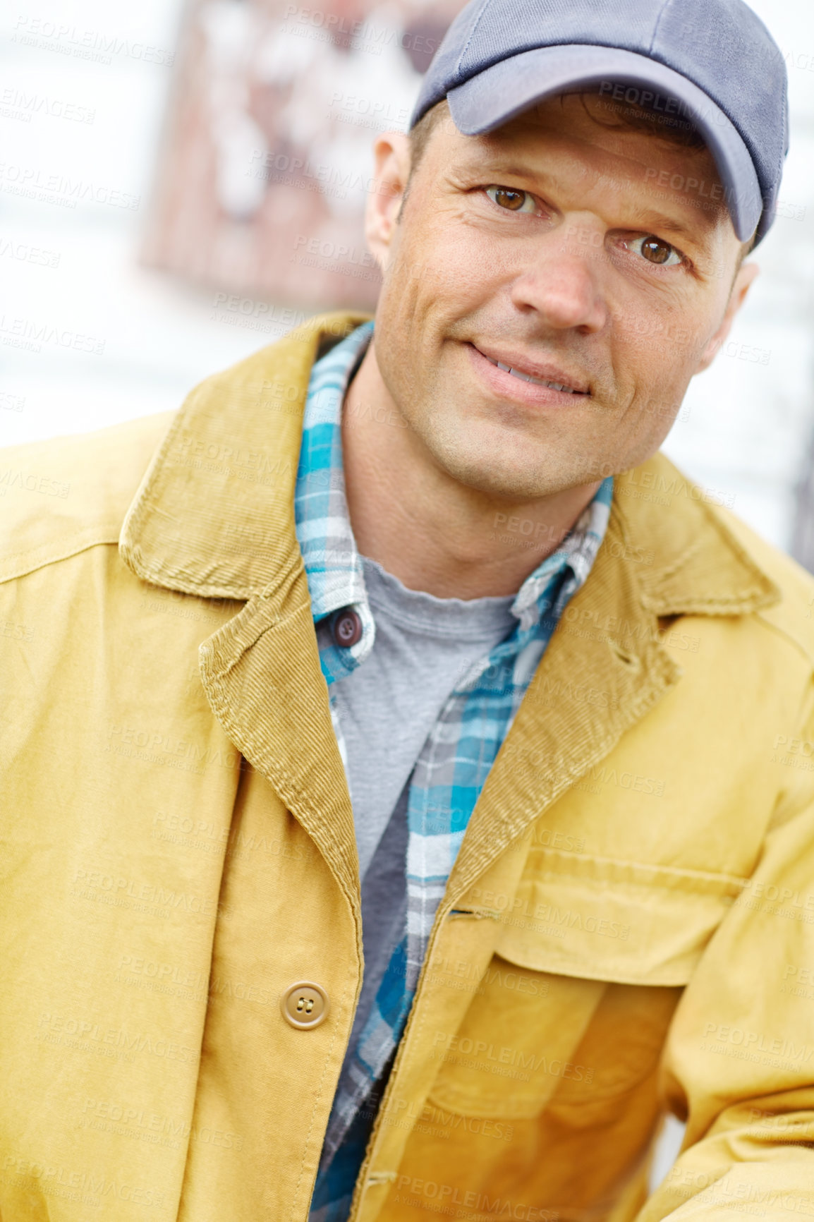 Buy stock photo Portrait of a happy man with a cap on