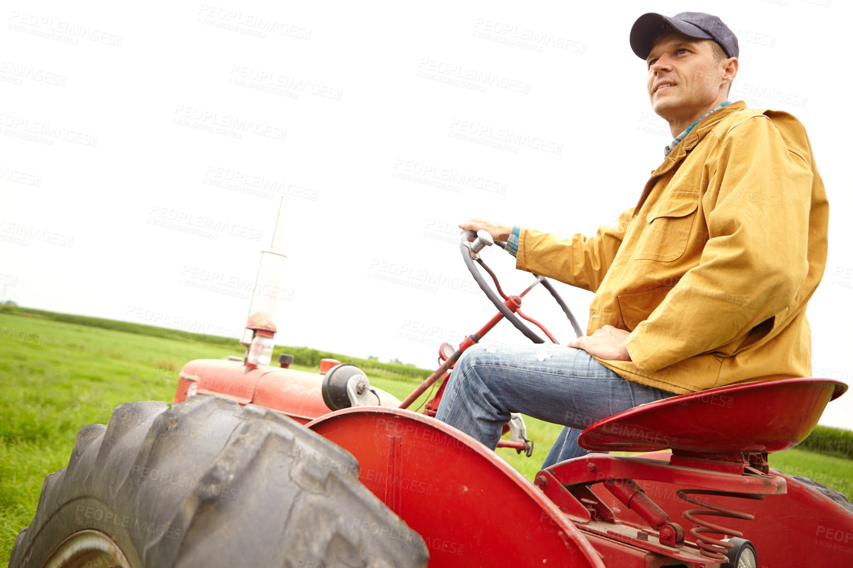 Buy stock photo Field, thinking and man with tractor for farming, driving and tiling for cultivation in countryside. Harvesting, male person or farmer with machine truck for agriculture, planting or growth by mockup