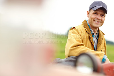 Buy stock photo Tractor, space or portrait of happy man on farm with smile, agro industry or small business owner. Agriculture, sustainability and confident farmer in field with pride, mockup or truck in countryside