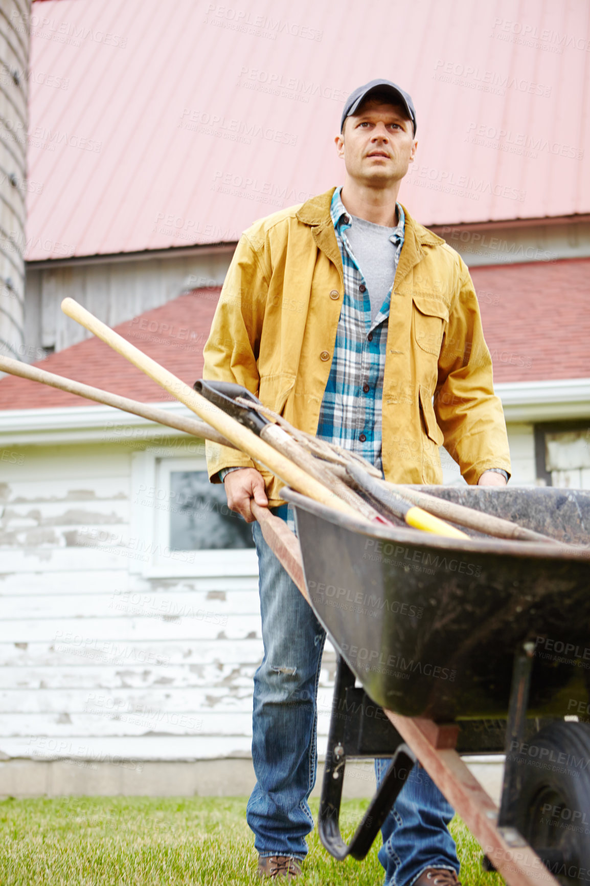 Buy stock photo Wheelbarrow, tools and man with gardening in nature for planting, growth and landscaping outdoors. Agriculture, farming and person in environment, ecosystem and countryside for cultivation or ecology