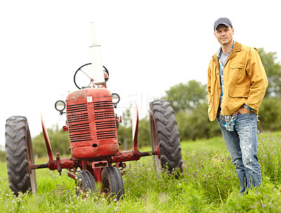 Buy stock photo Tractor, farm and outdoor portrait of man with confidence, agro industry or small business owner at harvest. Agriculture, sustainability and farmer in field with pride, smile and truck in countryside