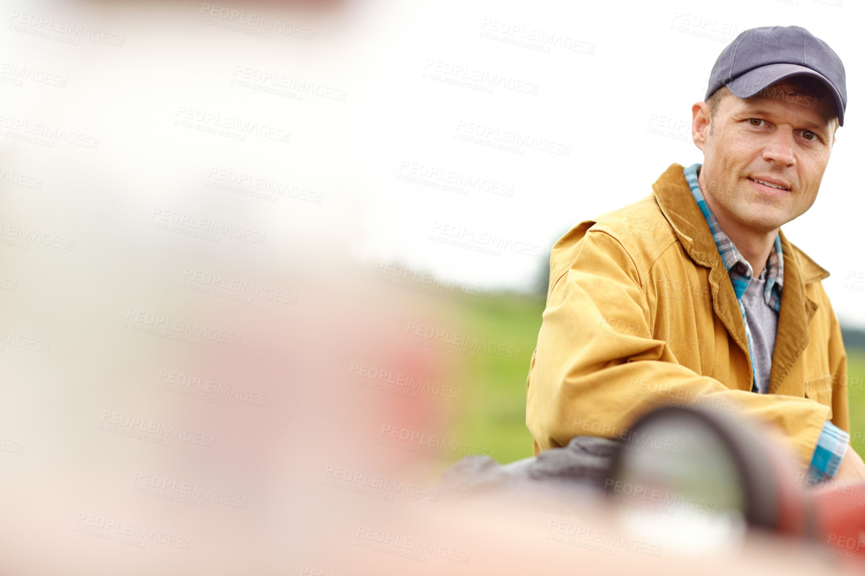 Buy stock photo Tractor, space or portrait of man on farm with confidence, agro industry or small business owner at harvest. Agriculture, sustainability and farmer in field with pride, mockup or truck in countryside