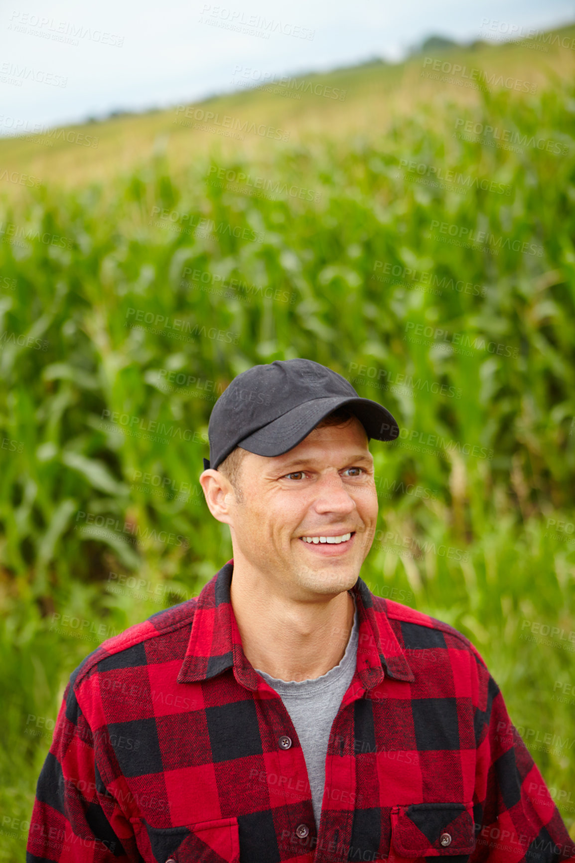 Buy stock photo Man, farmer and thinking on field, outdoor and decision with problem solving for food production in countryside. Person, ideas and small business owner with insight, choice and agriculture in Spain