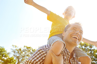 Buy stock photo Father, boy or carrying on shoulders in park for fun games, summer break or bonding in low angle space. Laughing, airplane or son and single parent, dad or man in nature, garden or family backyard