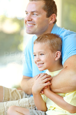 Buy stock photo Happy, father and child hug in family home with fun, bonding and love outdoor on patio. Smile, summer holiday and youth with parent care, support and together with break, embrace and thinking