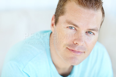 Buy stock photo Confident, relax and portrait of man in home with positive attitude, chilling or resting in living room. Smile, calm and face of person from Germany with happiness and pride in lounge at apartment.