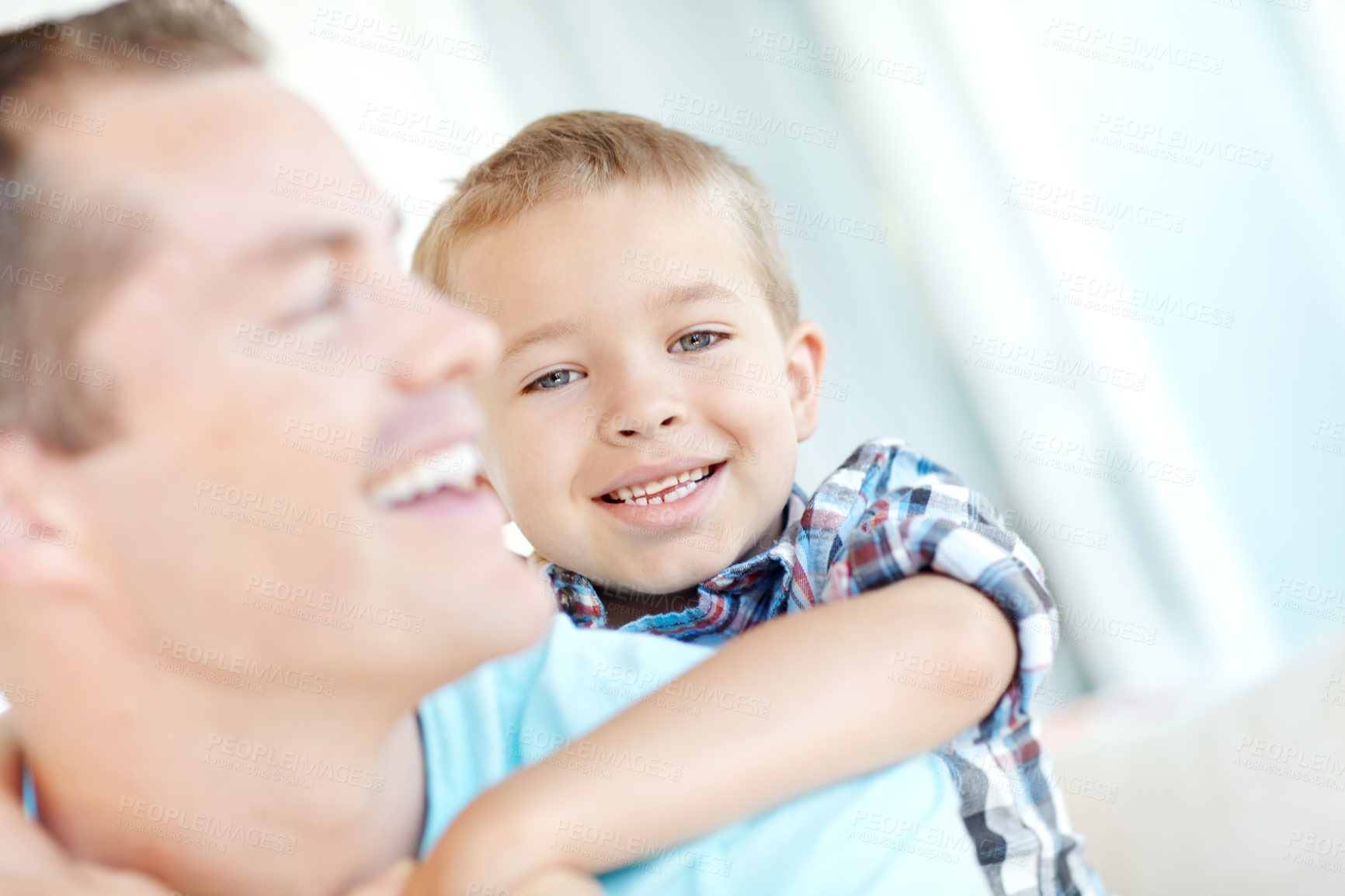 Buy stock photo Happy, father and piggyback son at house with safety, bonding together and love of relationship care. Smile, man and child with calm morning, weekend break and family support for embrace at apartment