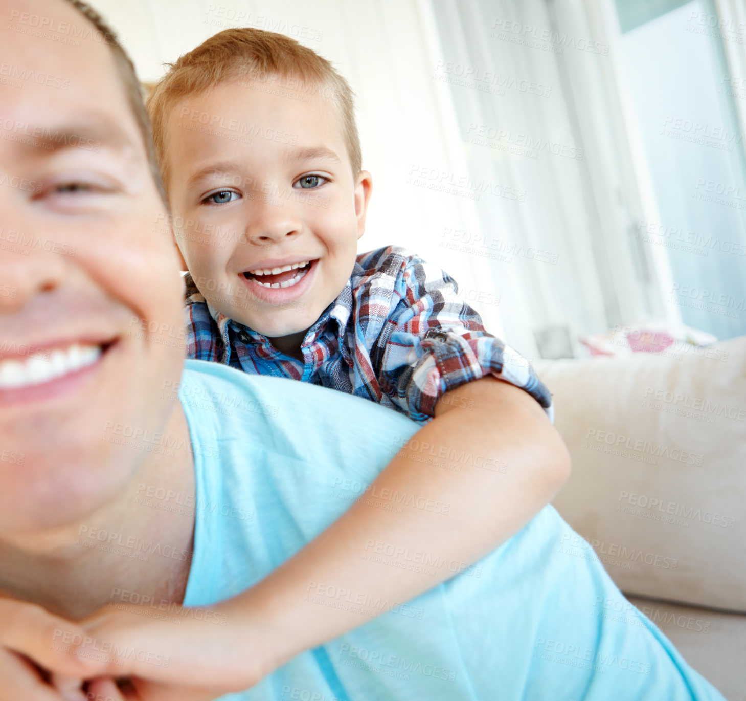 Buy stock photo Portrait, father and piggyback son at house for safety, bonding together and love of relationship. Happy, man and child with calm morning, weekend break and family support for embrace at apartment