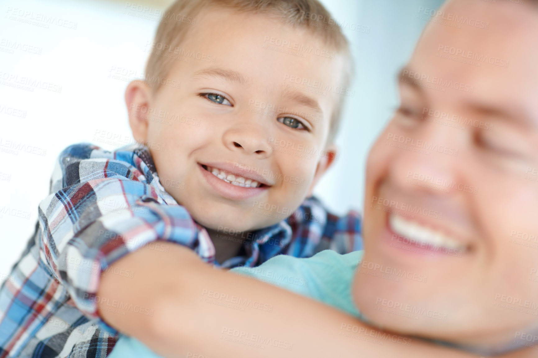 Buy stock photo Piggyback, father and son with smile at house for safety, bonding together and love of relationship. Happy, man and child with calm morning, weekend break and family support for embrace at apartment