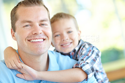 Buy stock photo Father, boy and selfie with hug in home, smile and care with love, memory or photography for post on web. Man, dad and child with embrace, happy or connection with portrait for social media in France