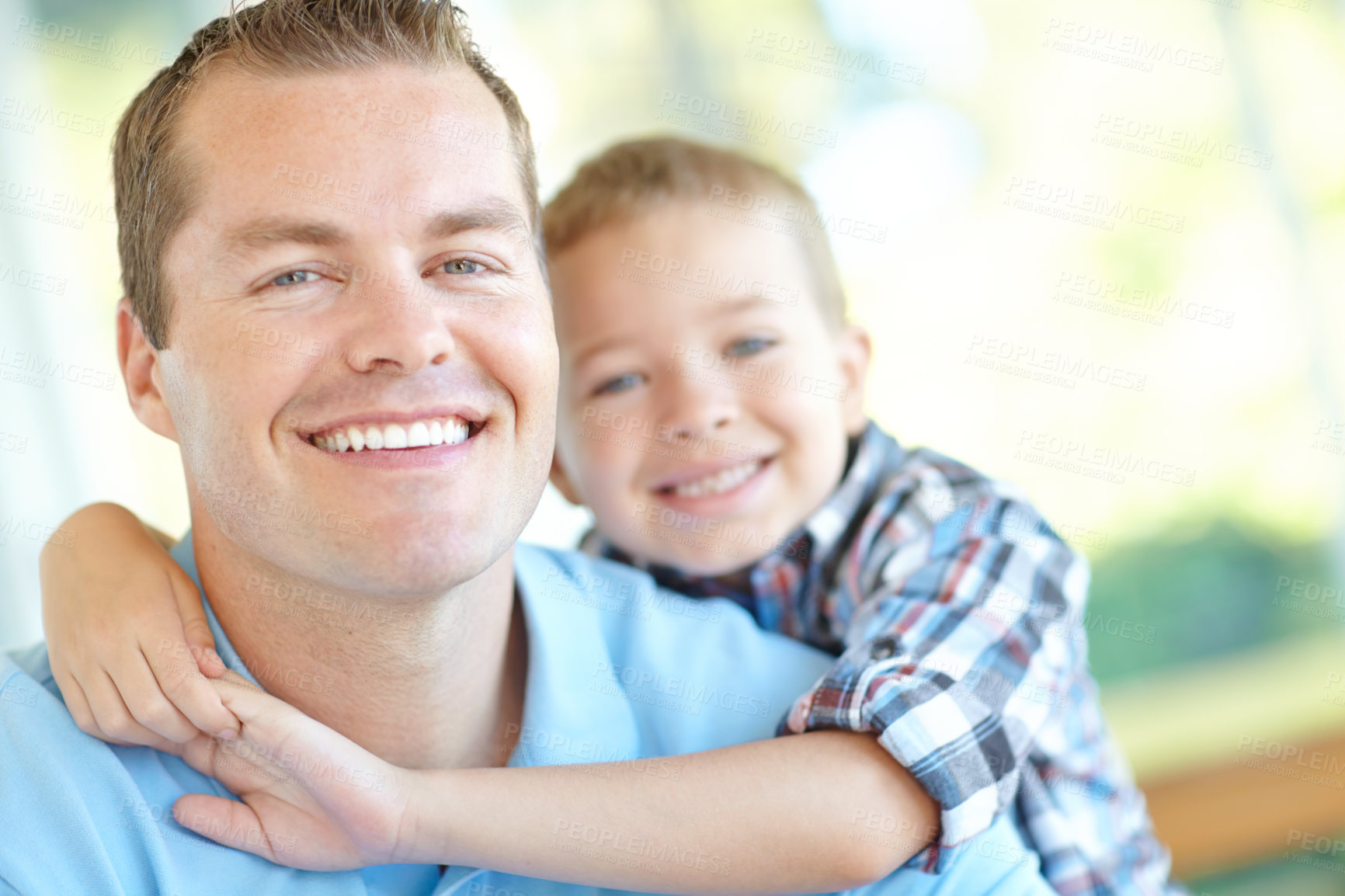 Buy stock photo Father, boy and selfie with hug in home, smile and care with love, memory or photography for post on web. Man, dad and child with embrace, happy or connection with portrait for social media in France