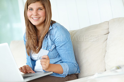 Buy stock photo Woman, portrait and laptop with credit card in home for online banking, platform and digital subscription. Sofa, fintech and person with transaction for purchase, ecommerce or verification of payment