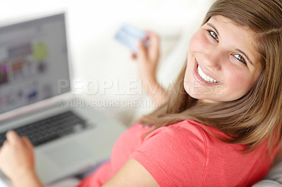 Buy stock photo Girl, portrait and credit card for laptop ecommerce in home living room for college payment, stationery and school ebooks. Smile, technology and student online shopping for university merchandise