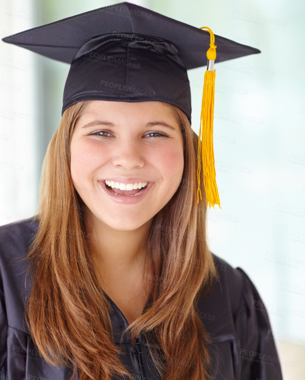 Buy stock photo College, happy and portrait of woman at graduation for knowledge, learning and course achievement. Person, cap and student with confidence in gown for education qualification, future and success