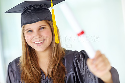 Buy stock photo University, graduation and portrait of woman with scroll for learning, diploma and course achievement. Student, cap and person with paper in gown for education qualification, knowledge and success