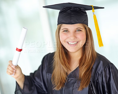 Buy stock photo University, graduation and portrait of woman with diploma for learning, success and course achievement. Student, cap and person with scroll in gown for education future, knowledge and qualification