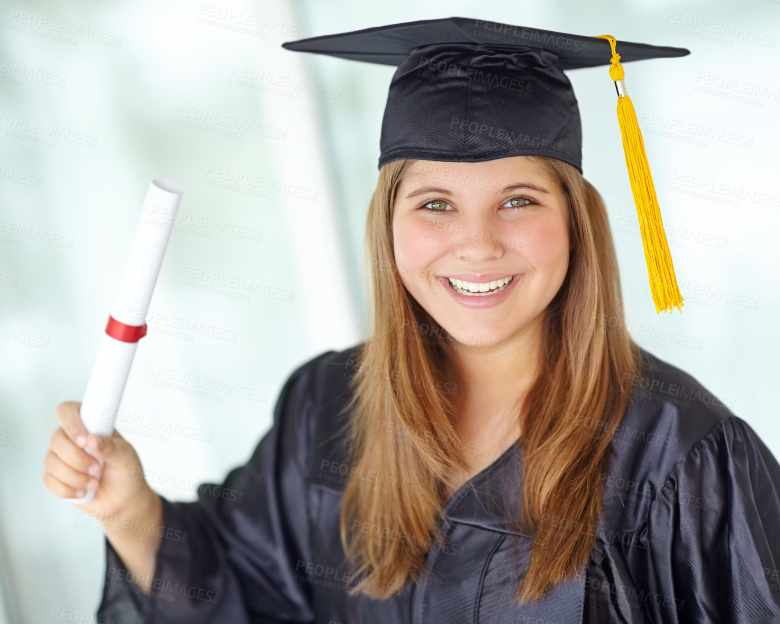 Buy stock photo University, graduation and portrait of woman with diploma for learning, success and course achievement. Student, cap and person with scroll in gown for education future, knowledge and qualification