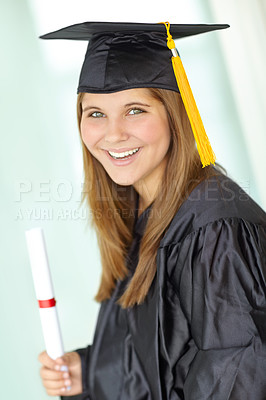 Buy stock photo College, graduation and portrait of woman with scroll for learning, diploma and course achievement. Student, cap and female person with paper in gown for education knowledge, qualification or success