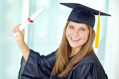 Buy stock photo College, graduation and portrait of woman with diploma for learning, goals and course achievement. Person, cap and female student with scroll in gown for education knowledge, qualification or success