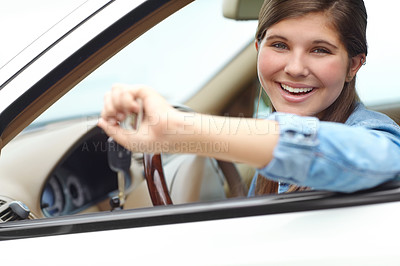 Buy stock photo Happy, portrait and teenager in car with keys for purchase, investment or vehicle gift in driveway. Driver, smile and girl from Canada by window for transport, commute or motor ownership with present