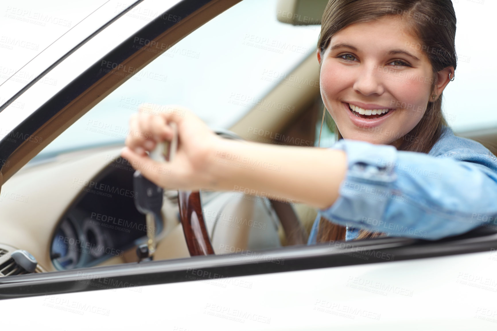 Buy stock photo Happy, portrait and teenager in car with keys for purchase, investment or vehicle gift in driveway. Driver, smile and girl from Canada by window for transport, commute or motor ownership with present