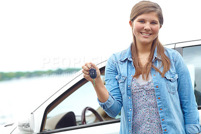 Buy stock photo Happy woman, portrait and car with keys for new ride, asset or vehicle privileges in neighborhood. Young, female person or driver with smile by window for transport service, commute or travel access