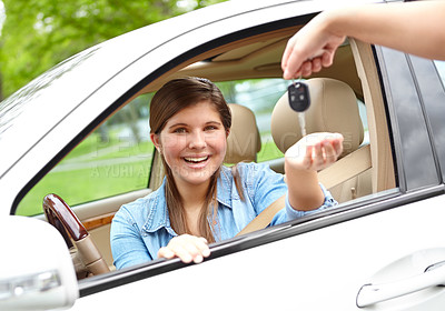 Buy stock photo Happy girl, portrait and car with keys for license, asset or vehicle privileges in neighborhood. Young, female person or driver with smile by window for transport service, commute or motor ownership