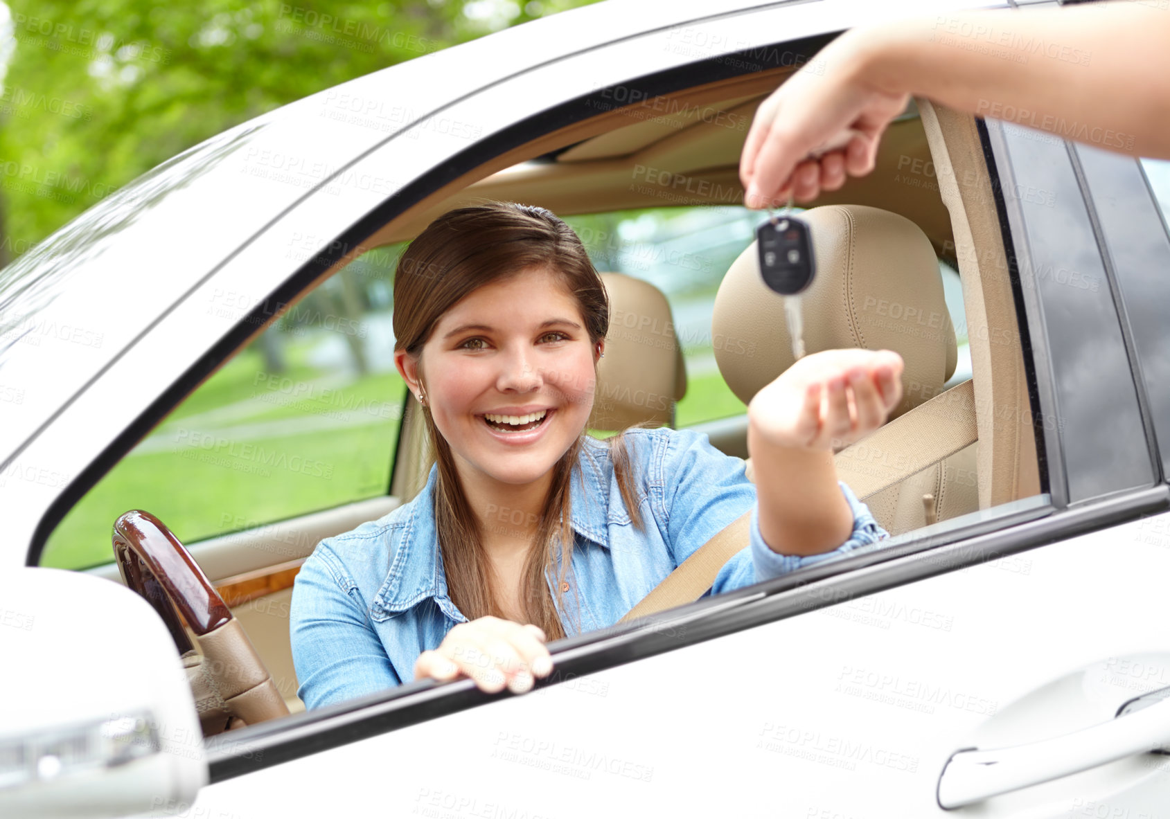 Buy stock photo Happy girl, portrait and car with keys for license, asset or vehicle privileges in neighborhood. Young, female person or driver with smile by window for transport service, commute or motor ownership