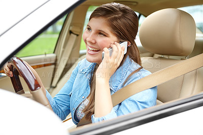 Buy stock photo Happy girl, car and window with phone call for drive, destination or commute in neighborhood. Young, female person or driver with smile on mobile smartphone for conversation or chat in motor vehicle