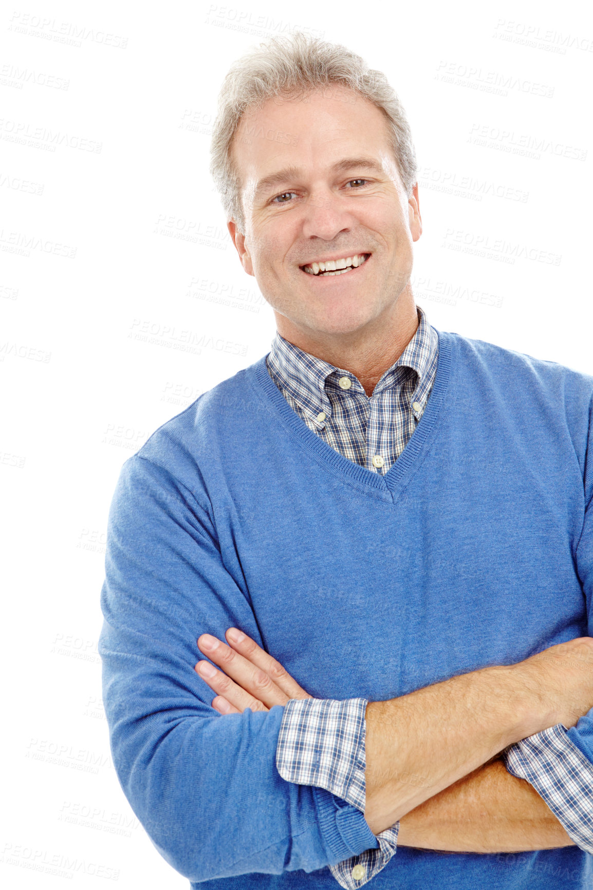 Buy stock photo Mature, business and man for portrait in studio with confidence, corporate career and finance executive. Smile, person or arms crossed of investment goal, about us and opportunity on white background