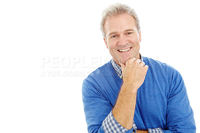 Buy stock photo Mature, attractive man standing and touching his chin isolted on white
