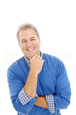 Buy stock photo Portrait of a mature man standing and smiling isolated on white