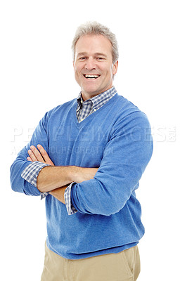 Buy stock photo Cropped studio shot of a mature man in his 40's smiling widely